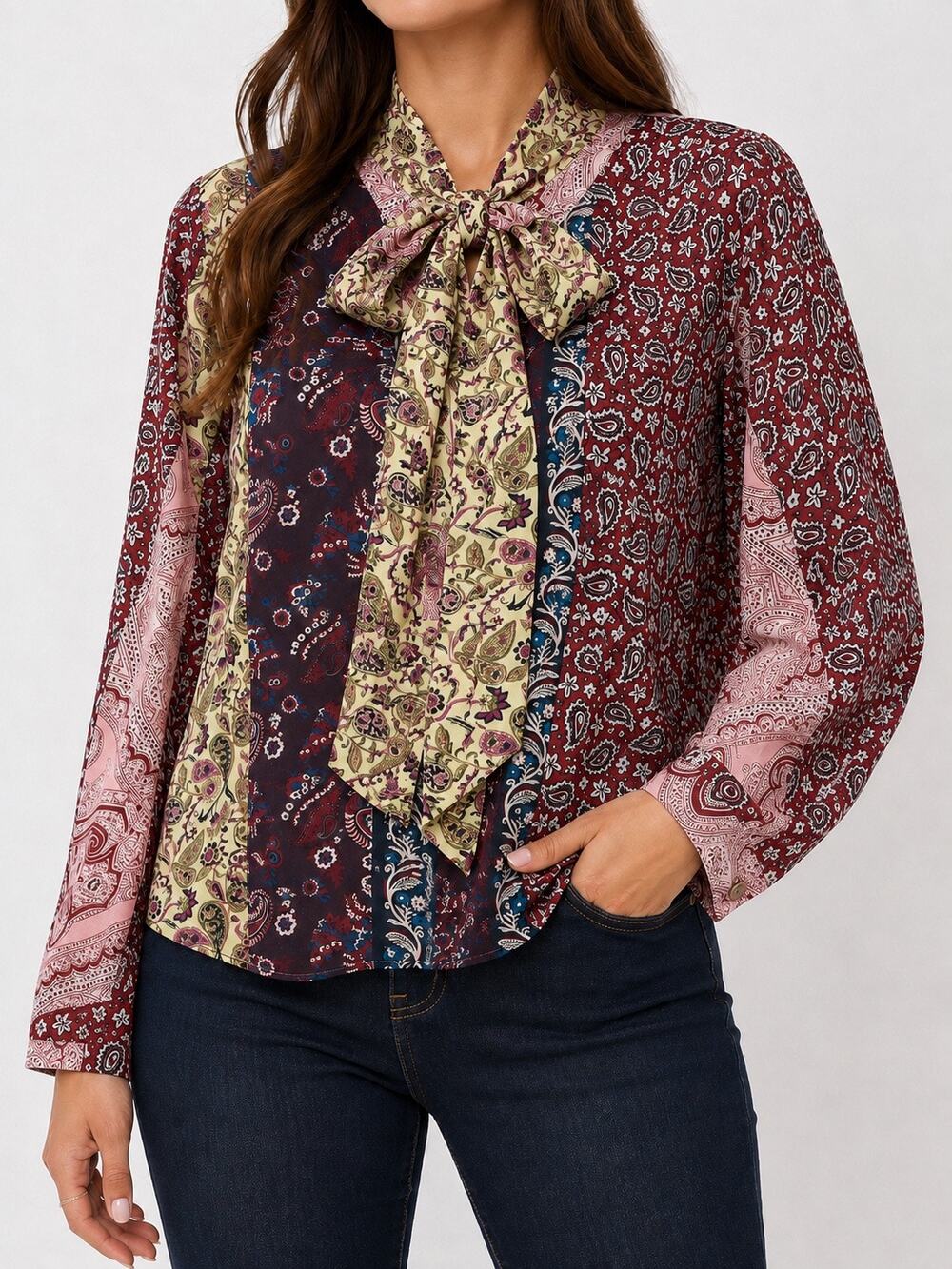 SOFT SURROUNDINGS Patchwork Paisley Tie Neck Blouse Sheer Boho Cottagecore Large